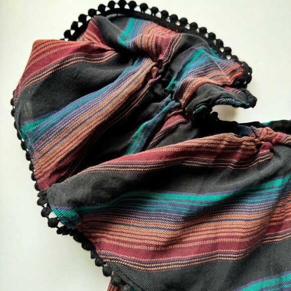 WAYF Mini Dress Striped Off the Shoulder Pom Pom Ruffle Lined Boho Beachy Sz L - Picture 12 of 16